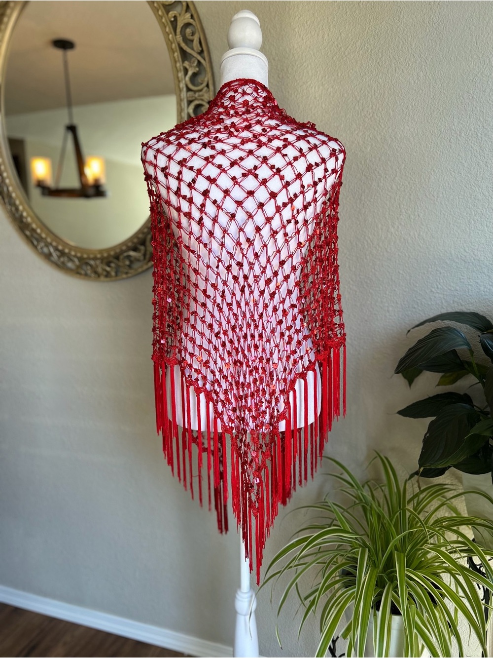 Handmade Red Crochet Fringe Shawl